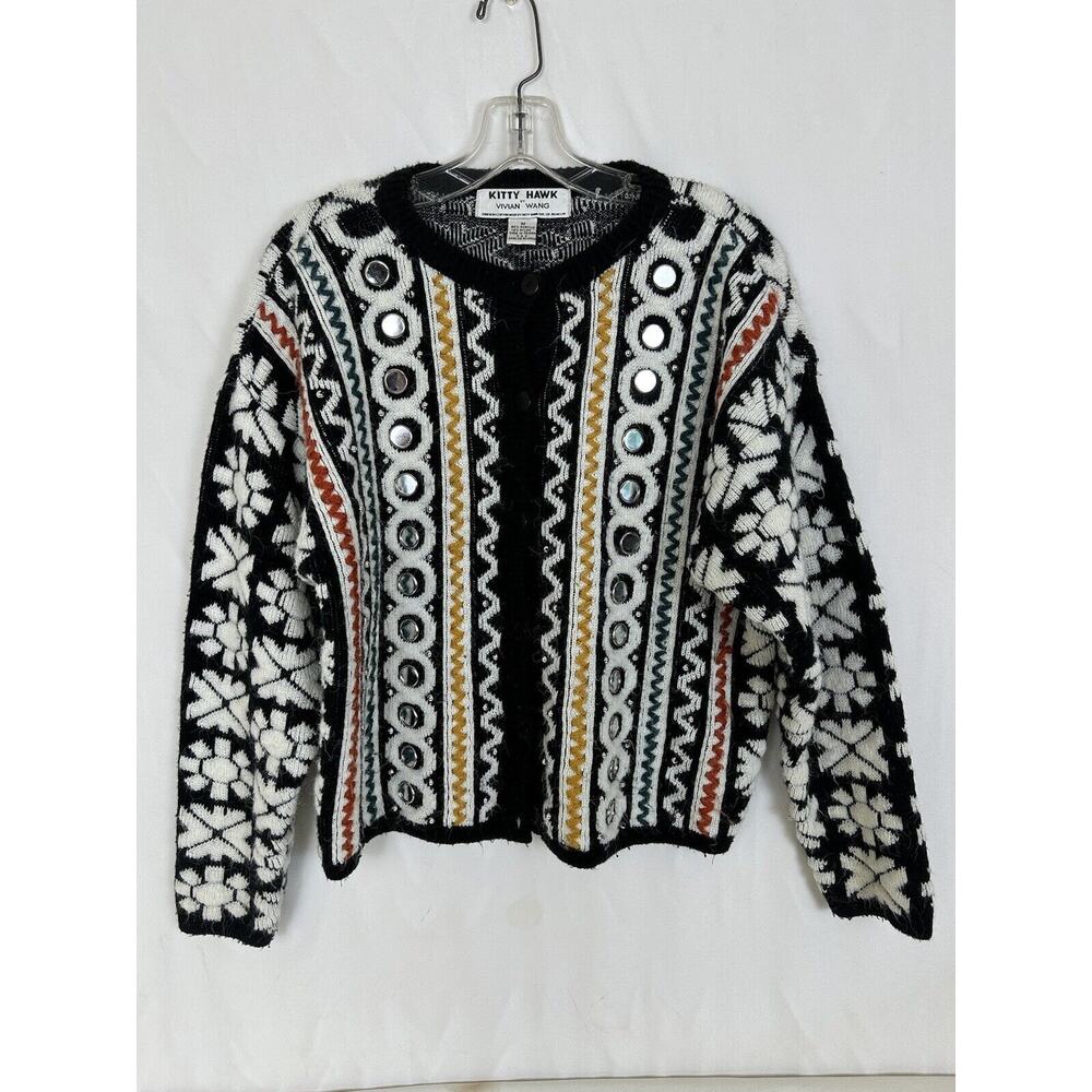 Vintage 3D Knit Cardigan Sweater Mirror Kitty Hawk Vivan Wang‎ Women's Artsy MED